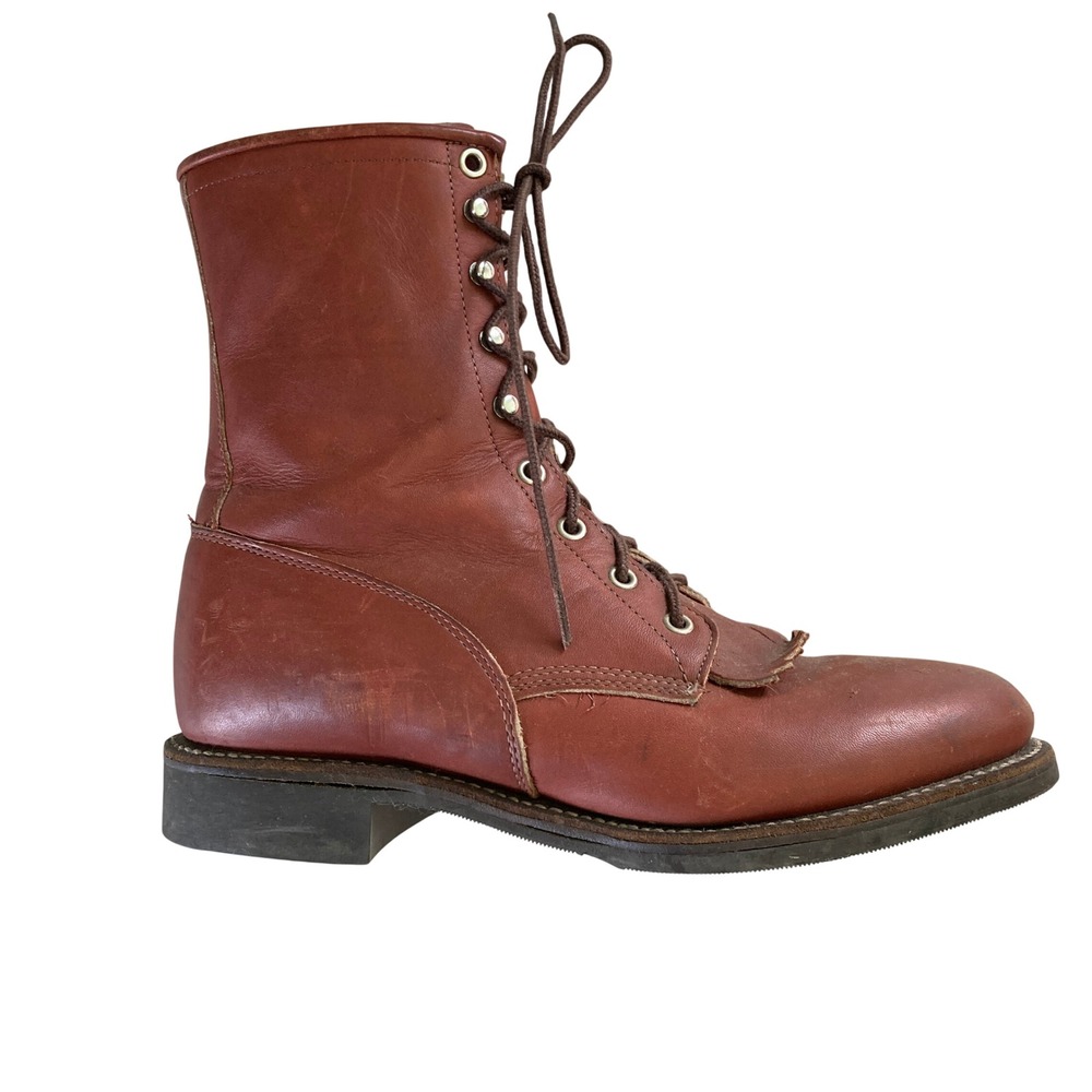 Justin Boots Kiltie Fringe Lace-Up Roper Leather Cognac Brown 518 (Size 8)